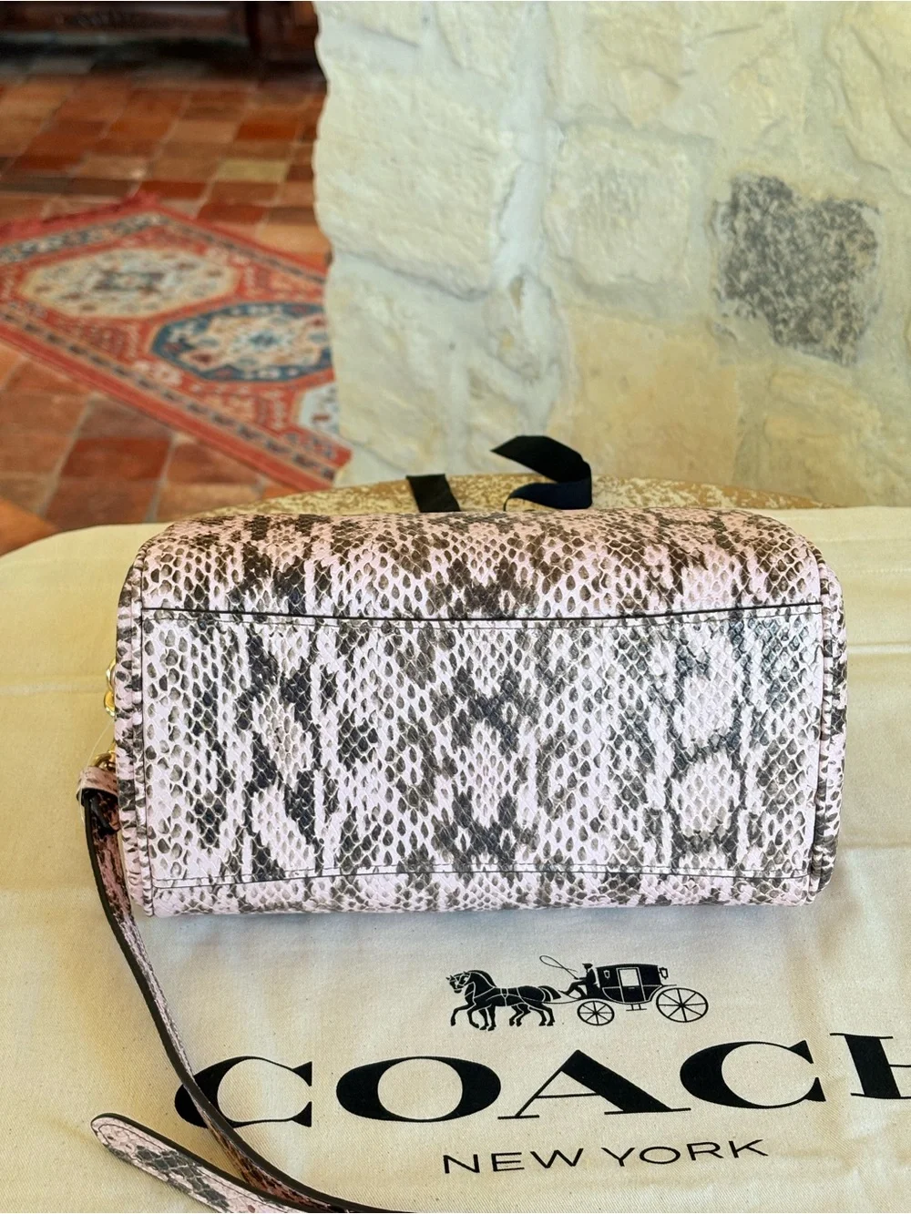 Coach Pink Snake-Print Satchel with Matching Wallet and Charm Chain